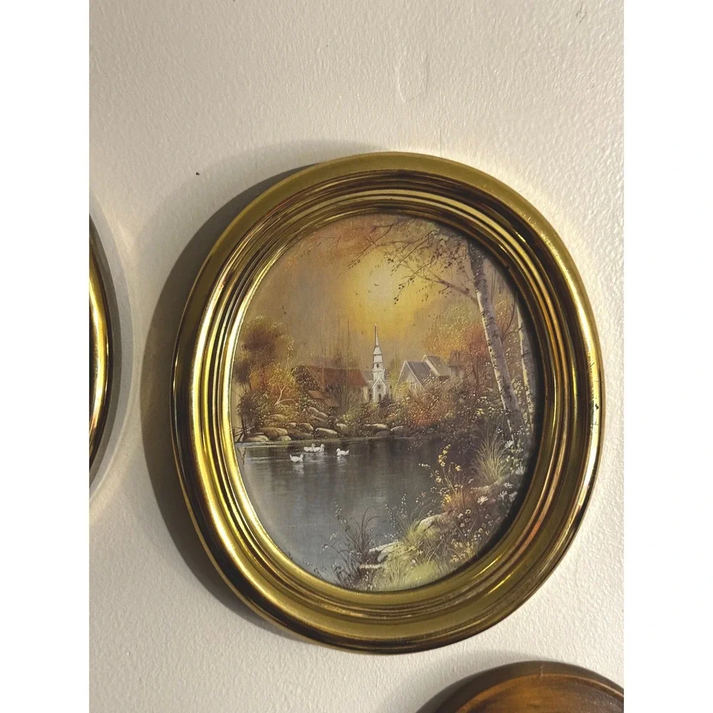 Vintage Set of 2 Oval Gold Framed Landscape Wall Art Swan Pond Cottage 8x6.5